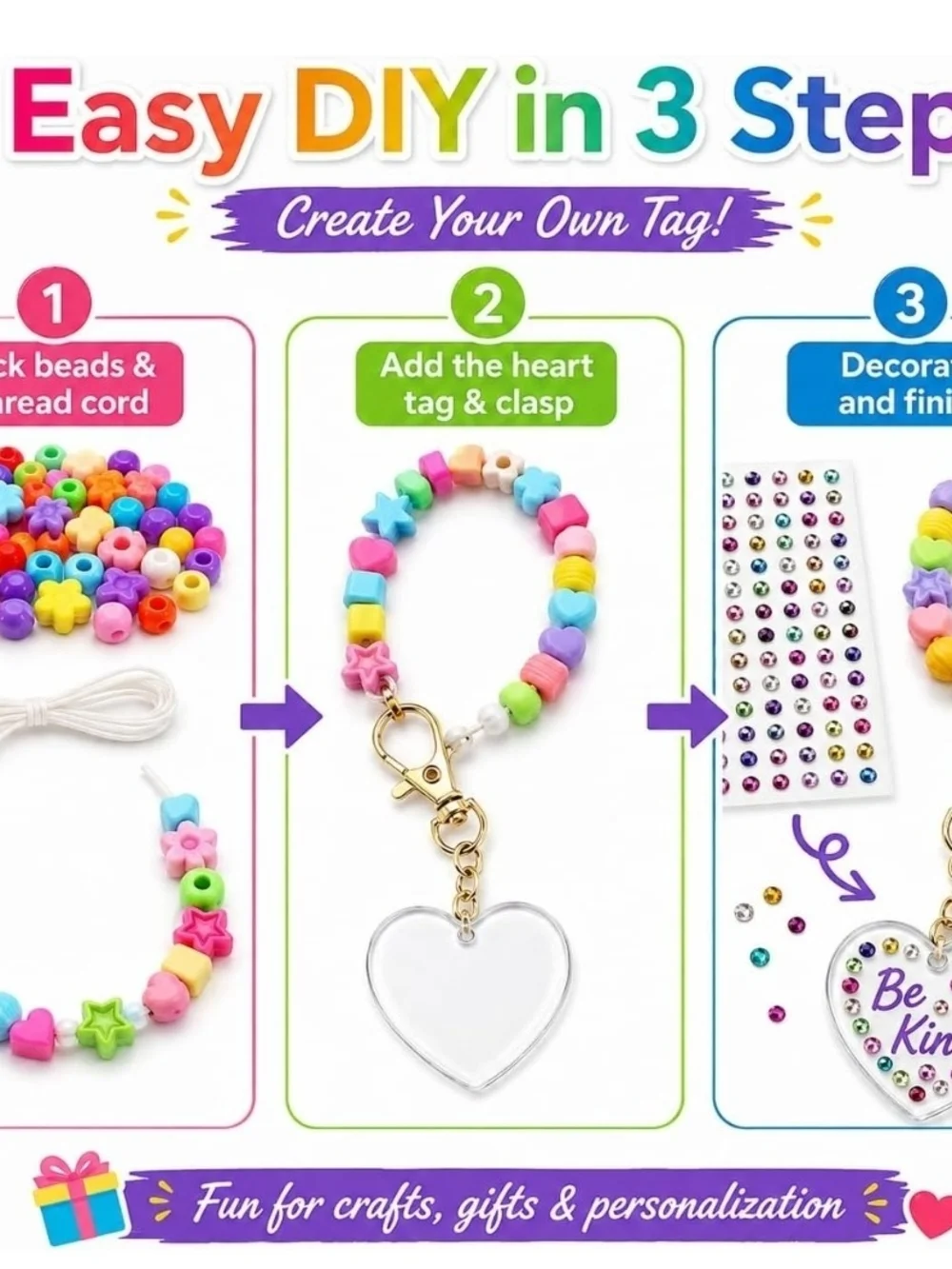 Personalized Heart Keychain Charm Kit - Pink Beaded Kids Accessory